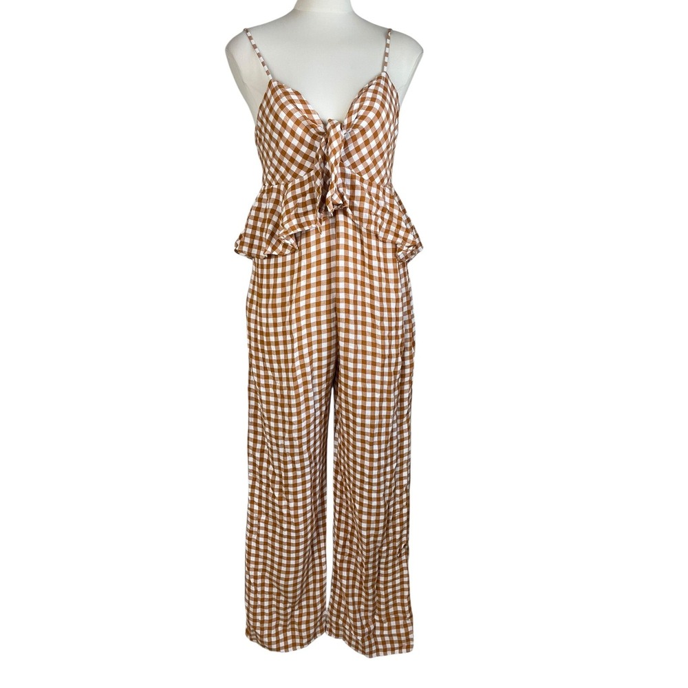 Anthropologie Brown & White Gingham Tie-Front Wide-Leg Jumpsuit - Picture 2 of 11